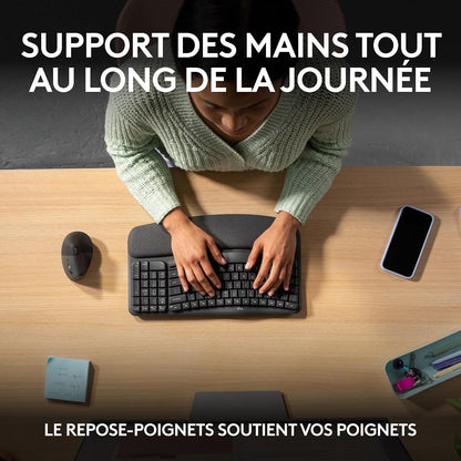 Wave Keys - Clavier Ergonomique Sans Fil (Graphite) | Repose-Poignets Rembourré, Frappe Naturelle, Easy-Switch, Bluetooth, Récepteur Logi Bolt, Multi-Se, Windows/Mac, AZERTY