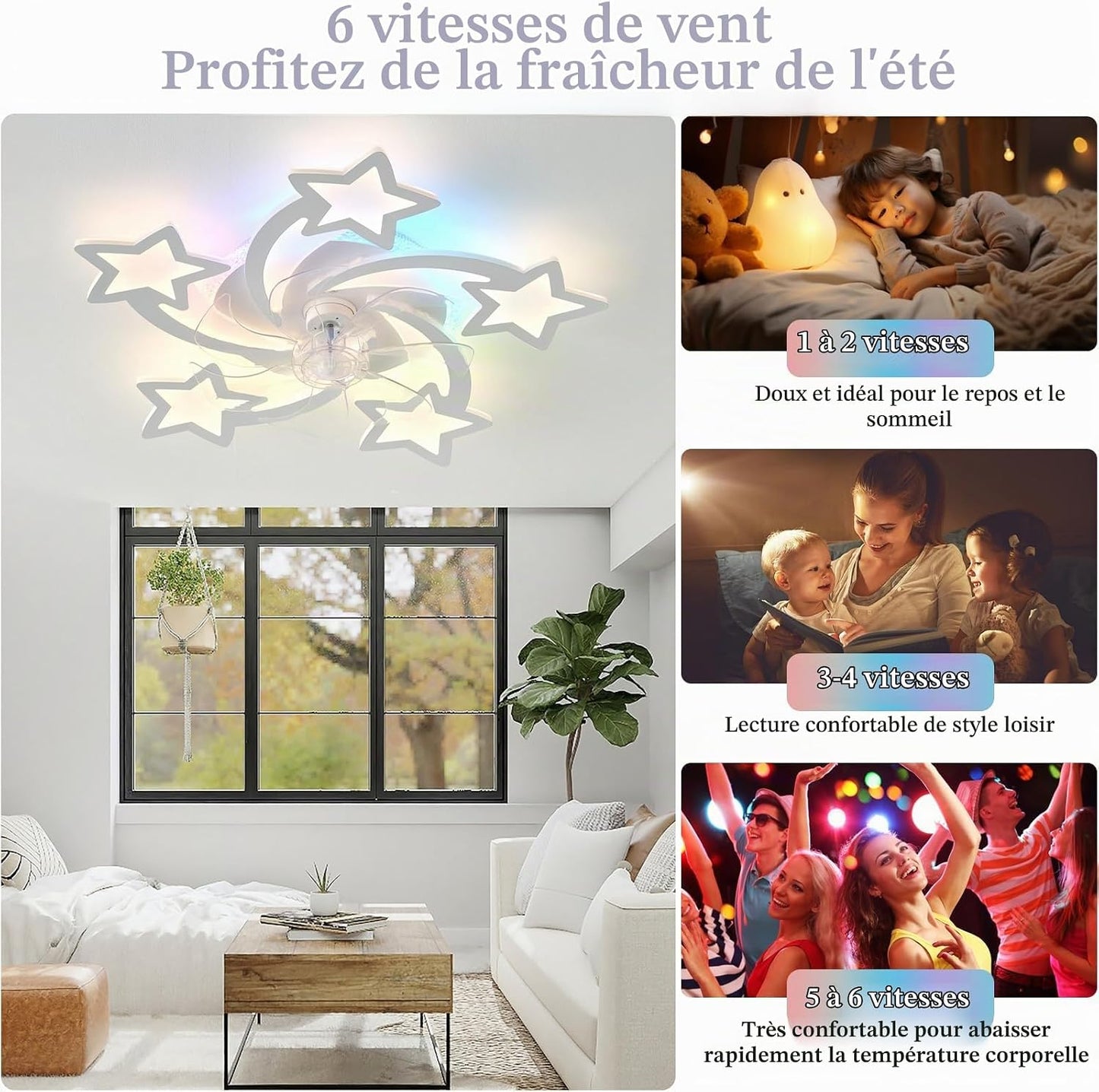 Lampe Ventilateur Plafond Silencieux Reversible Ventilateur Plafond Avec Telecommande Star RGB Suspension Luminaire LED Dimmable 6 Vitesses Dc-Motor Plafonnier Ventilateur Design