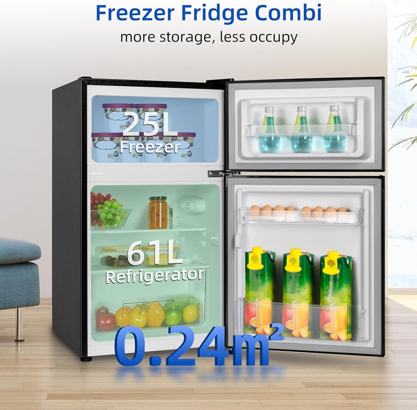 FTM86L4E Réfrigérateur Congélateur, 86 L (61/25), Petit Réfrigérateur Avec 2 Portes, Congélation 4 Étoiles, Casier À Bouteilles, Thermostats Réglables, Faible Bruit, Foncé 2023