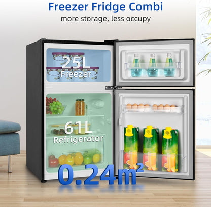 FTM86L4E Réfrigérateur Congélateur, 86 L (61/25), Petit Réfrigérateur Avec 2 Portes, Congélation 4 Étoiles, Casier À Bouteilles, Thermostats Réglables, Faible Bruit, Foncé 2023