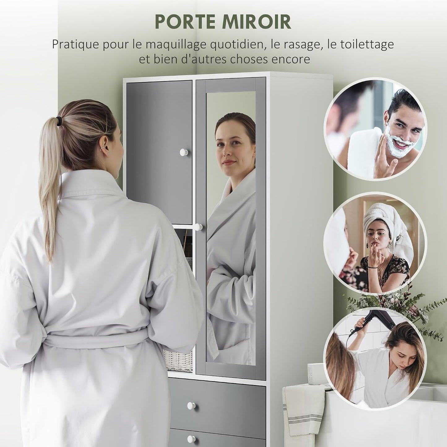 Meuble De Salle De Bain Haut Avec Coffre a Linge Et Miroir | Meuble De Rangement, Placards À Portes, 2 Compartiments Ouverts, Tiroir, Étagère Réglable, 62 X 28,3 X 181 Cm, Gris Et Blanc