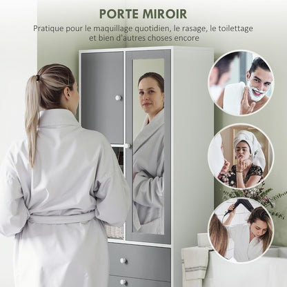 Meuble De Salle De Bain Haut Avec Coffre a Linge Et Miroir | Meuble De Rangement, Placards À Portes, 2 Compartiments Ouverts, Tiroir, Étagère Réglable, 62 X 28,3 X 181 Cm, Gris Et Blanc