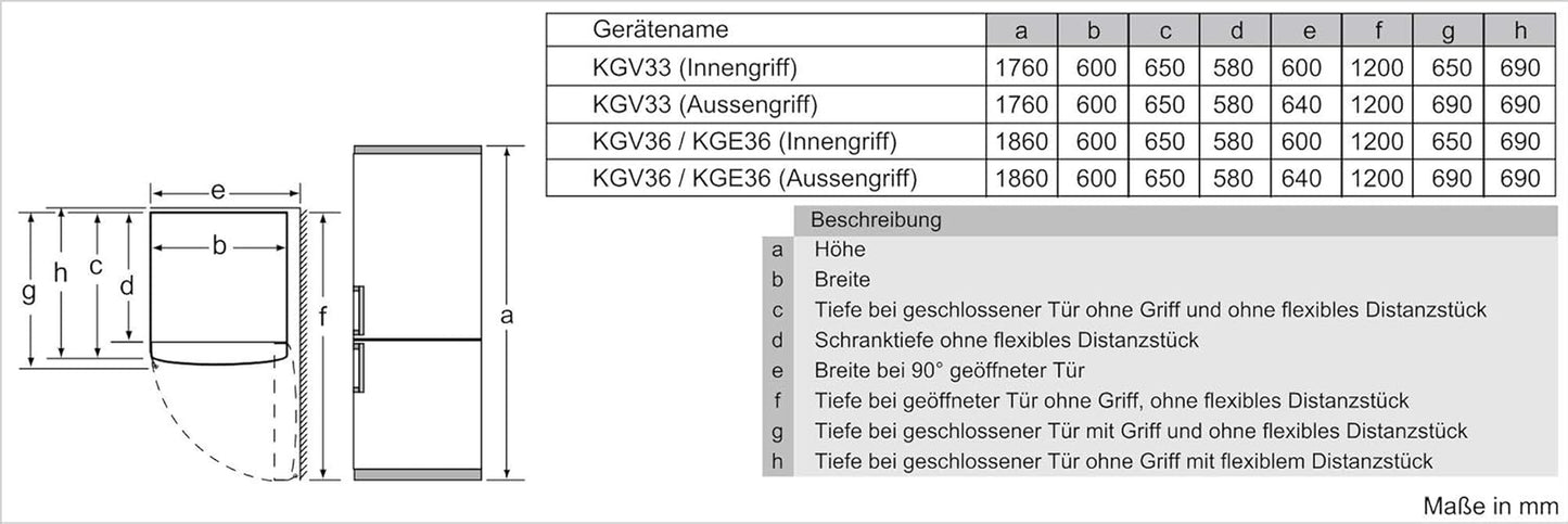KGV33VWEA Série 4 Réfrigérateur-Congélateur 176 X 60 Cm Refroidissement 193 L + 94 L Congélateur Vitafresh Fraîcheur plus Longue Dégivrage Lowfrost Moins Fréquemment, Éclairage LED Uniforme