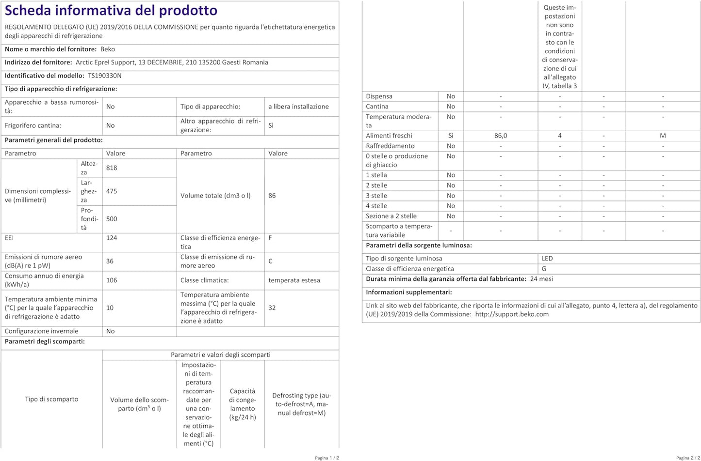 Beko TS190330N Réfrigérateur Table Top - Encastrable, 38 Db, Classe F