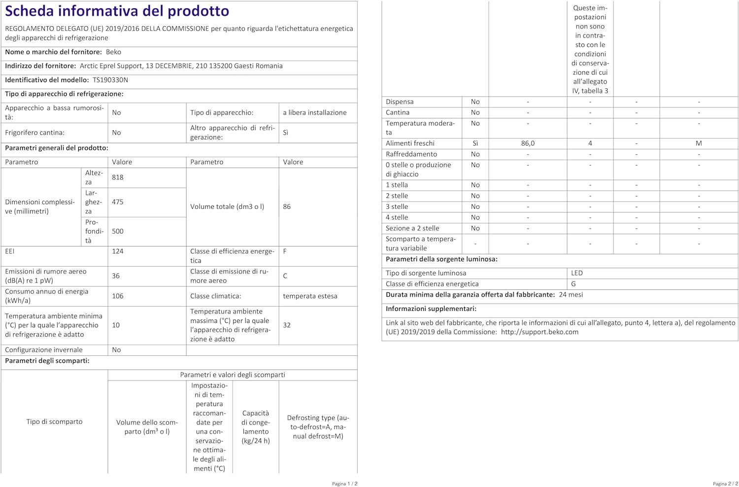 Beko TS190330N Réfrigérateur Table Top - Encastrable, 38 Db, Classe F