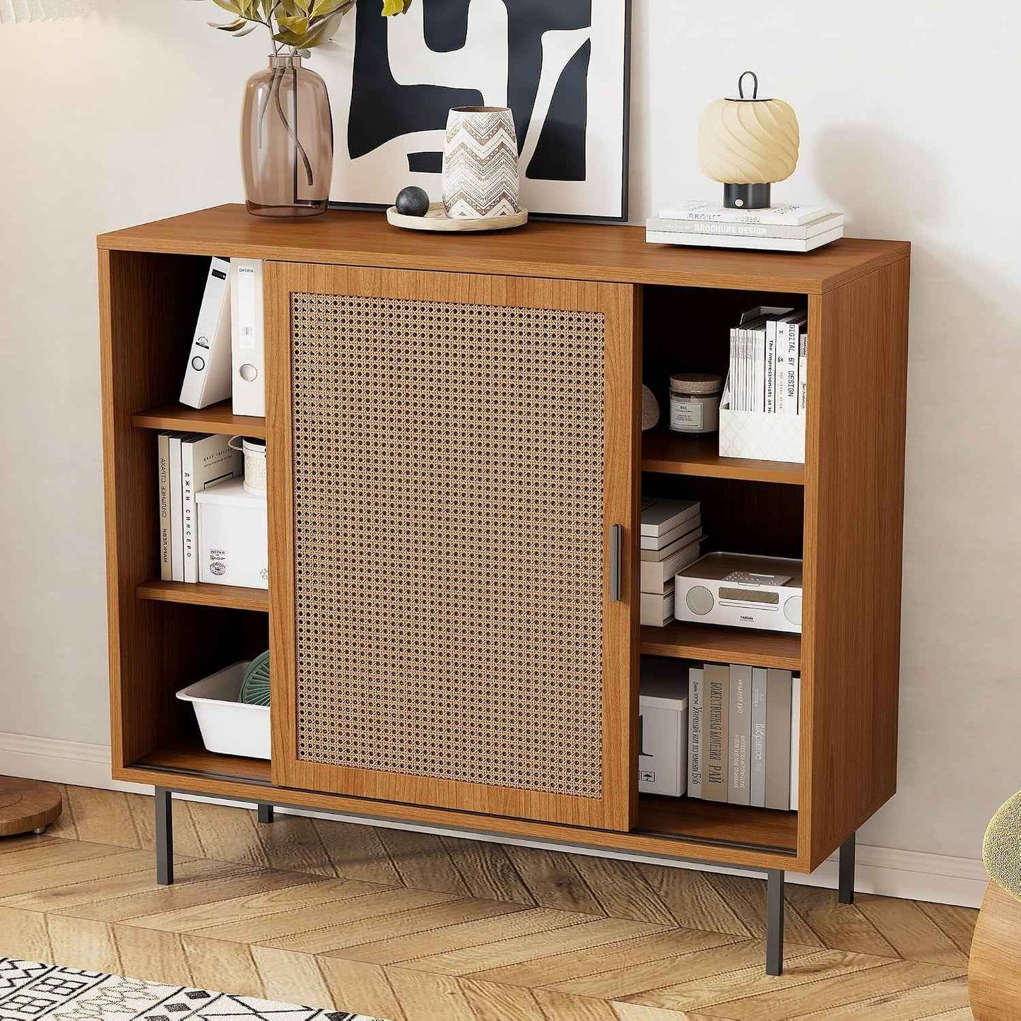 Sideboard Küchenschrank, Commode Avec 2 Portes Coulissantes, Ablage Réglable, Style Rustique, 100X90X37Cm