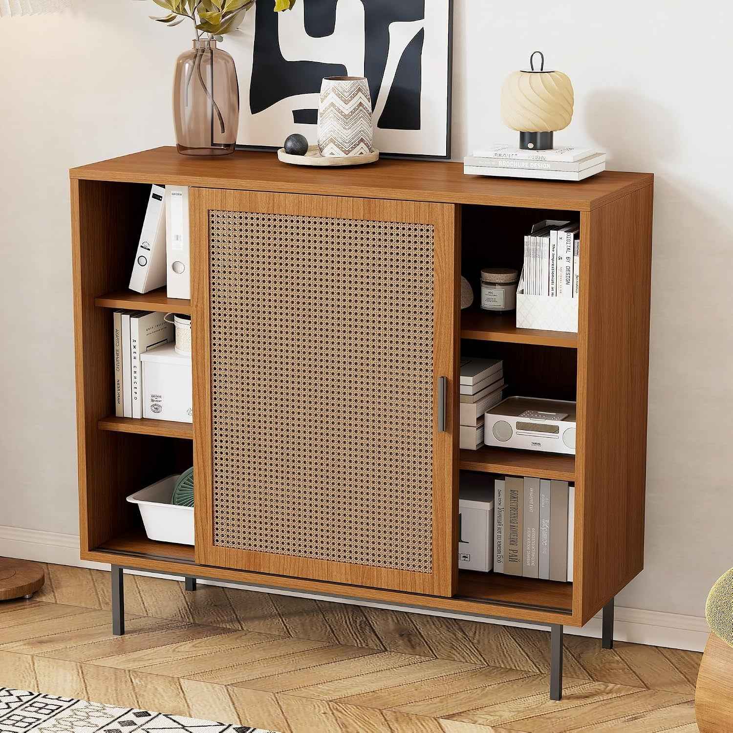 Sideboard Küchenschrank, Commode Avec 2 Portes Coulissantes, Ablage Réglable, Style Rustique, 100X90X37Cm