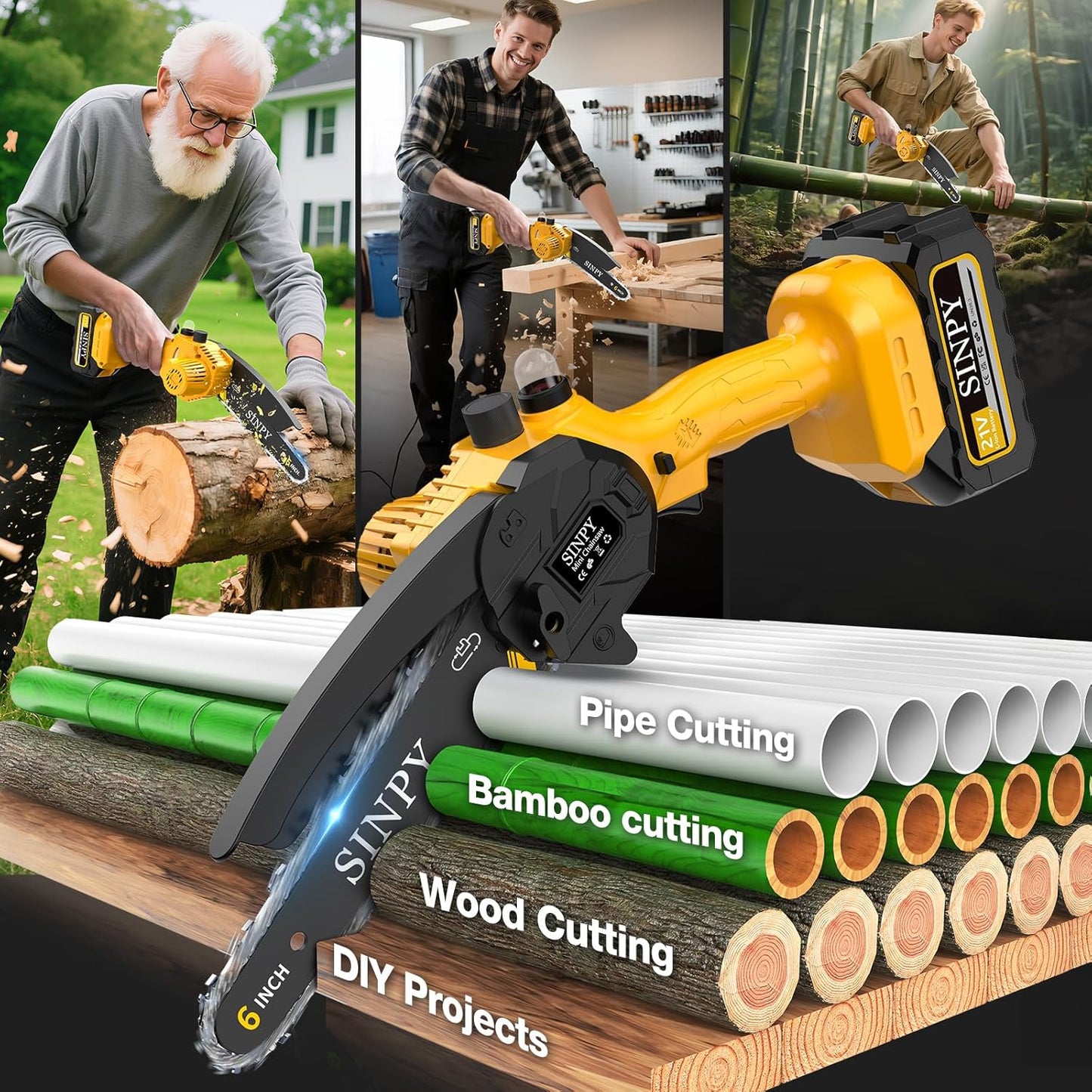Mini Tronconneuse a Batterie 2X4000Mah, 6 Pouces Tronçonneuse Sur Batterie Elagueuse Thermique Coupe Branche Electrique Petite Tronçonneuse Sans Fil Pour Jardin, 2 Chaînes, 2 Guide-Chaînes