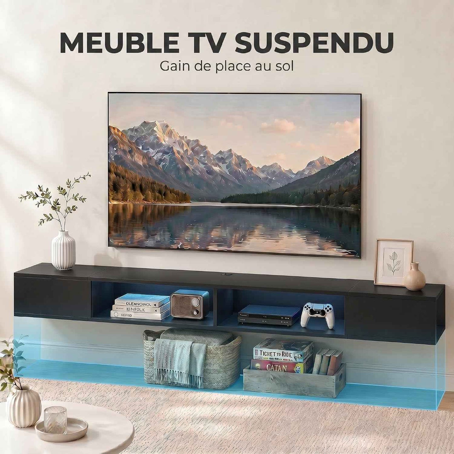 Meuble TV Suspendu 180 Cm Avec LED RGB Pour TV 75 Pouces Noir | Meuble Télé, Étagères Ouvertes, Banc TV Mural Pour Salon