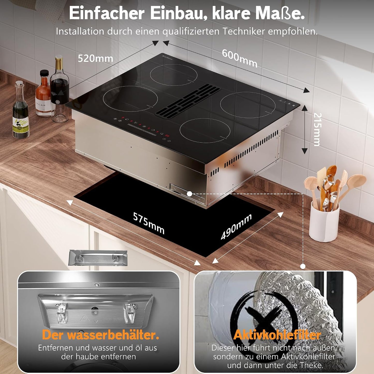 Plaque À Induction Avec Hotte Aspirante De 135W, Plaque Induction 4 Feux Encastrable 60CM, Fonction Booster, Minuterie, Pause, Table De Cuisson À Induction 6400W, 220V, Sans Prise