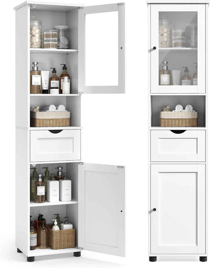 Meuble Salle De Bain, Colonne, Rangement Avec Étagères Réglables, Placards À Porte, Tiroir, Compartiment, Gain De Place, Blanc Nuage BBK163W01