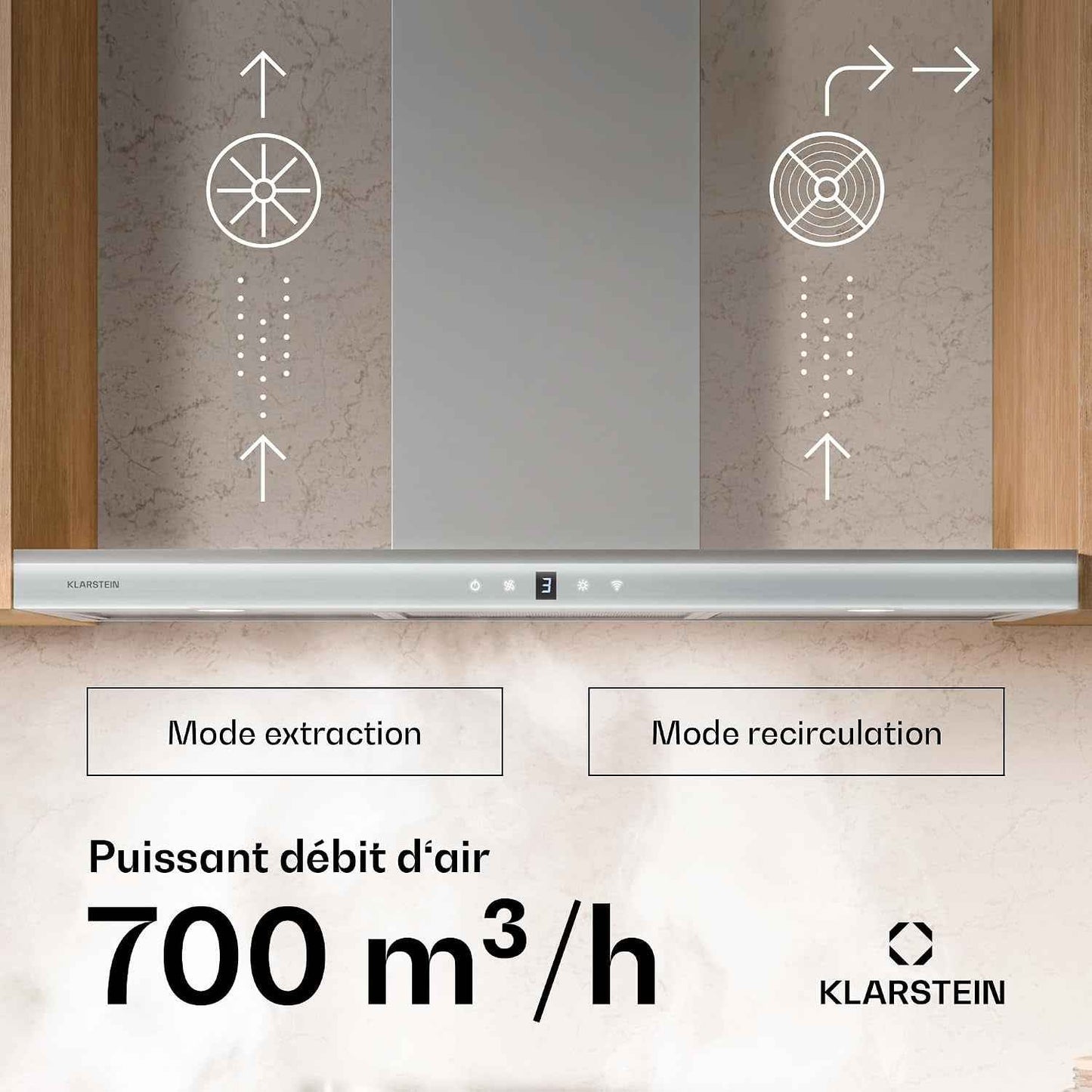 Klarstein Auriana Hotte Murale - 90Cm Hotte Aspirante, Débit 700 M³/H, A+ Énergie, Éclairage LED 6000K, Wifi & Tactile, Silencieuse 56 Db, Filtre À Charbon, Noir