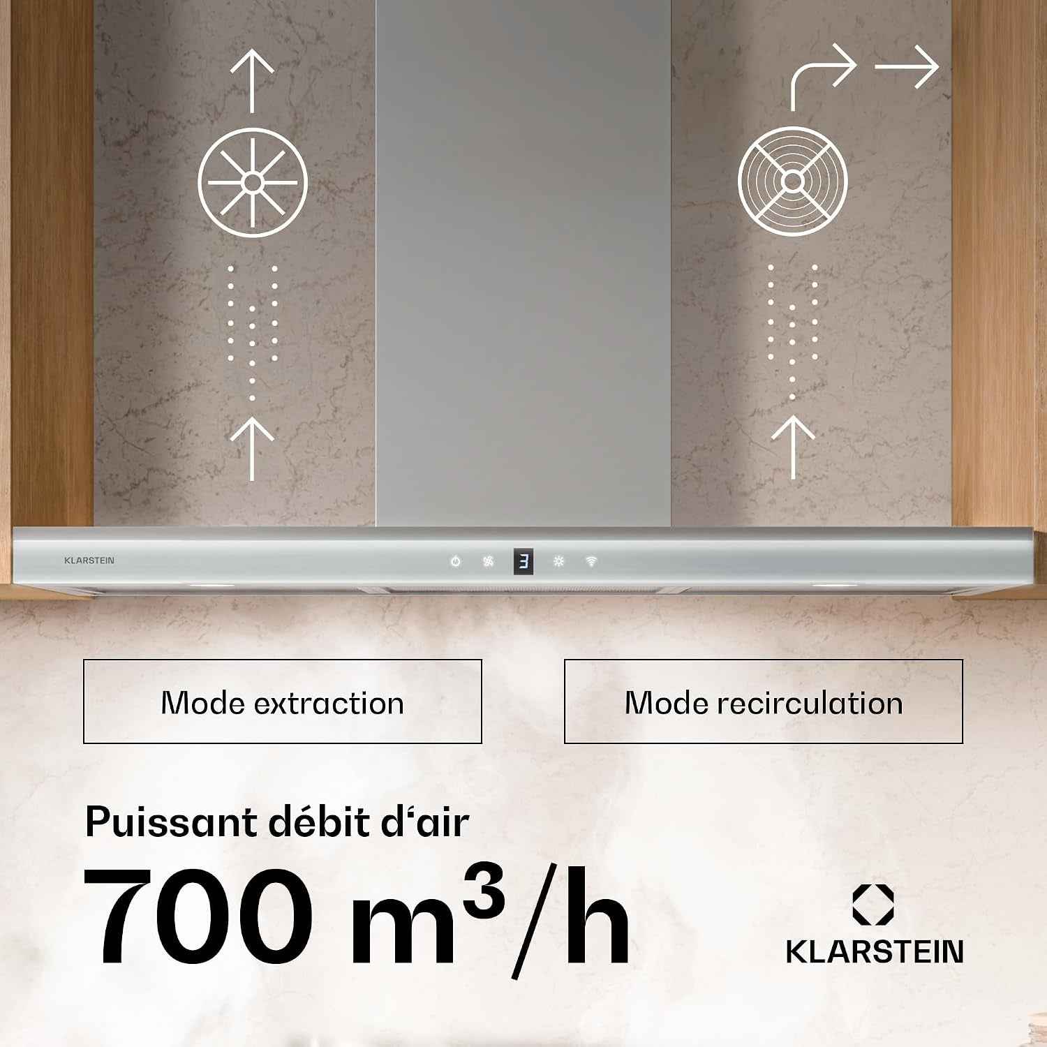 Klarstein Auriana Hotte Murale - 90Cm Hotte Aspirante, Débit 700 M³/H, A+ Énergie, Éclairage LED 6000K, Wifi & Tactile, Silencieuse 56 Db, Filtre À Charbon, Noir