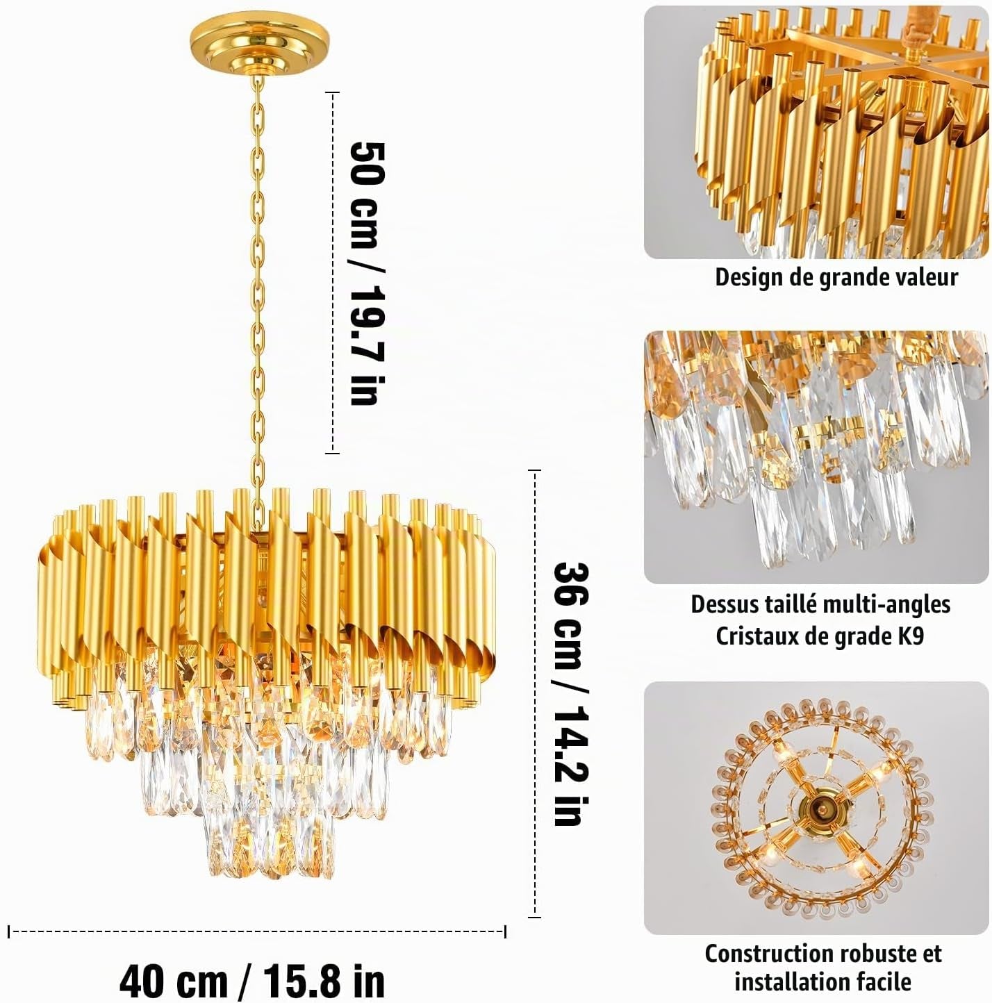 Lustre Golden Crystal Chandelier Lights, Modern Crystal Pendant Light, 3-Tier Raindrop Chandelier Light Fixture, 5Xe14 Lumières, Pour Le Salon, La Salle À Manger, La Chambre, Le Restaurant, Ø40 Cm