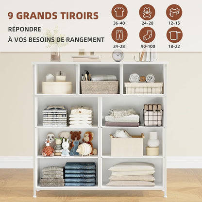 Commode De Rangement Pour Chambre À 9 Tiroirs En Tissu, Blanc | Meuble De Rangement Chambre 30P X 100L X 99H, Cadre En Acier Robuste, Dessus Étanche, Salon, Couloir, Entrée
