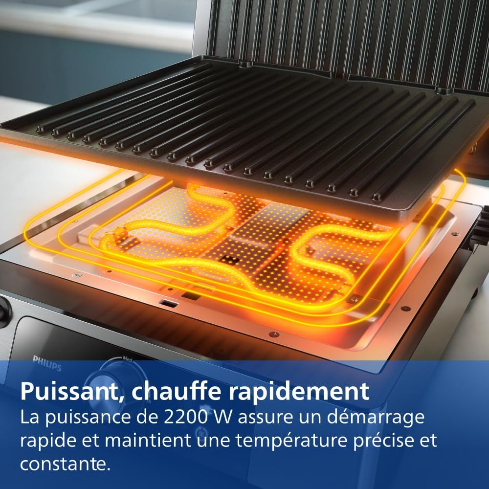 Grill Électrique 5000, Température Réglable, 2200W, Métal | Grill De Table, Ouverture 180°, Grande Surface De Cuisson, Plaques Antiadhésives Amovibles, Facile À Nettoyer (HD6301/90)