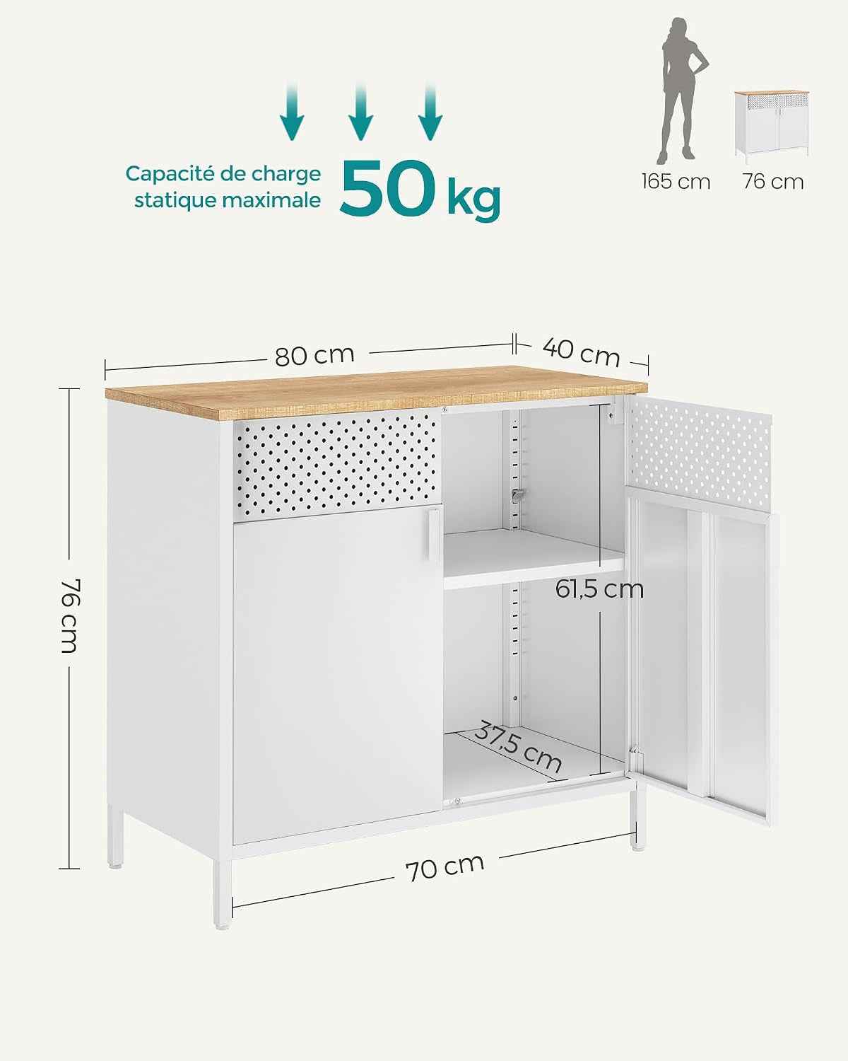 Meuble De Rangement, Buffet, En Métal, Double Porte, Fermeture Magnétique, Cadre En Acier, 40 X 80 X 76 Cm, Couleur Boisée Et Blanc LSC102W57