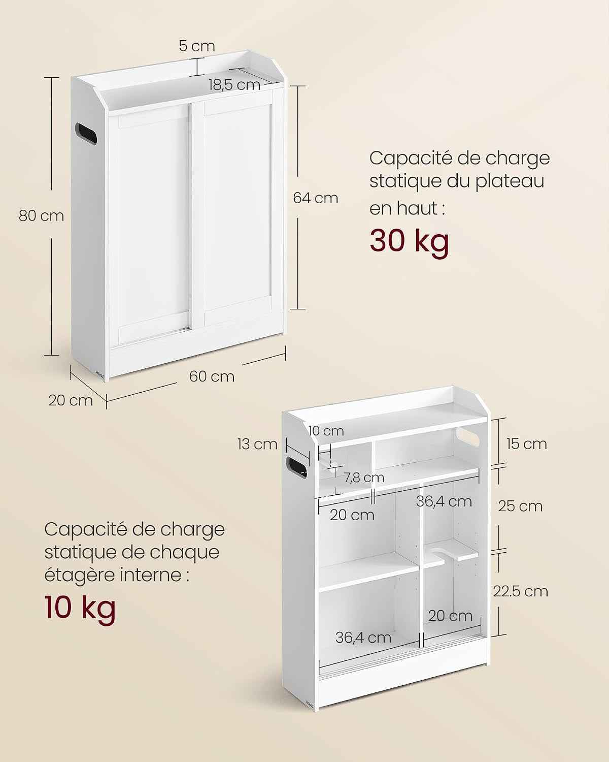 Meuble WC, Meuble Toilette, Pour Salle De Bain, Rangement Papier Toilette, Pour Brosse WC, Portes Coulissantes, Étagères Réglables, À Côté Des WC, 20 X 60 X 80 Cm, Blanc Nuage BBC752W01