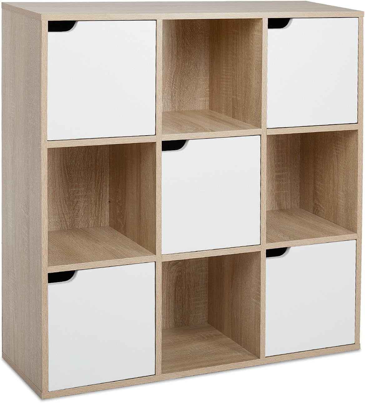 Bibliothèque 9 Casiers, 4 Ouverts + 5 Portes, Chêne, 90X30X90 Cm | Structure En Bois Massif. Exposez Et Rangez Vos Affaires. Idéal Salon, Bureau, Étude. Gain De Place.