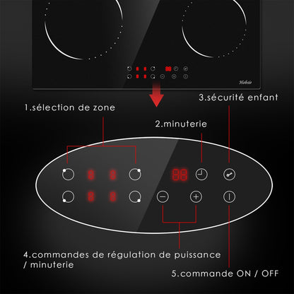 60 Cm Plaque De Cuisson Vitrocéramique 4 Feux, 6000 Watts | Minuterie De 99 Minutes, Verrouillage De Sécurité Pour Enfants, 9 Niveaux De Puissance, 220-240 V