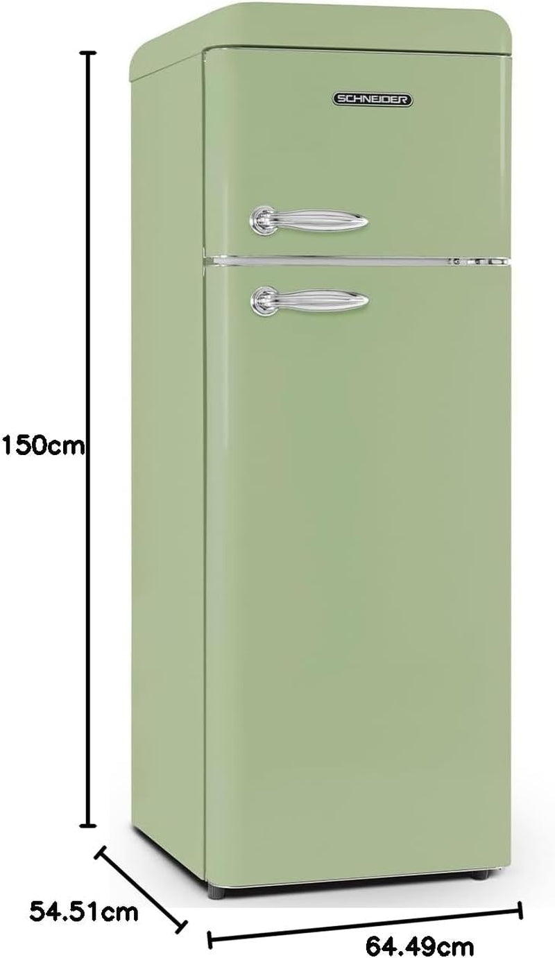 SCDD208VVA, Réfrigérateur 2 Portes, 211L (172+39), Froid Statique, Dégivrage Automatique, 3 Clayettes Verre, Thermostat Réglables, Pieds Réglables,Vert Amande