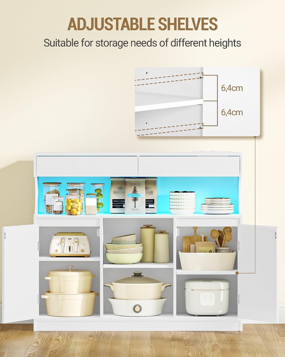 Meuble Cuisine, Buffet, Avec Multiprise Et Éclairage LED | Meuble De Rangement, 2 Tiroirs Et 2 Portes, Placard, Cuisine, Salon, 35 X 100 X 85 Cm, Blanc SC64903X