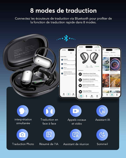AI Écouteurs Traduction Instantanée 198 Langues 80H Bluetooth 6.1 | Oreillette Traducteur 8 Modes Affaires Voyage Étude, Noir