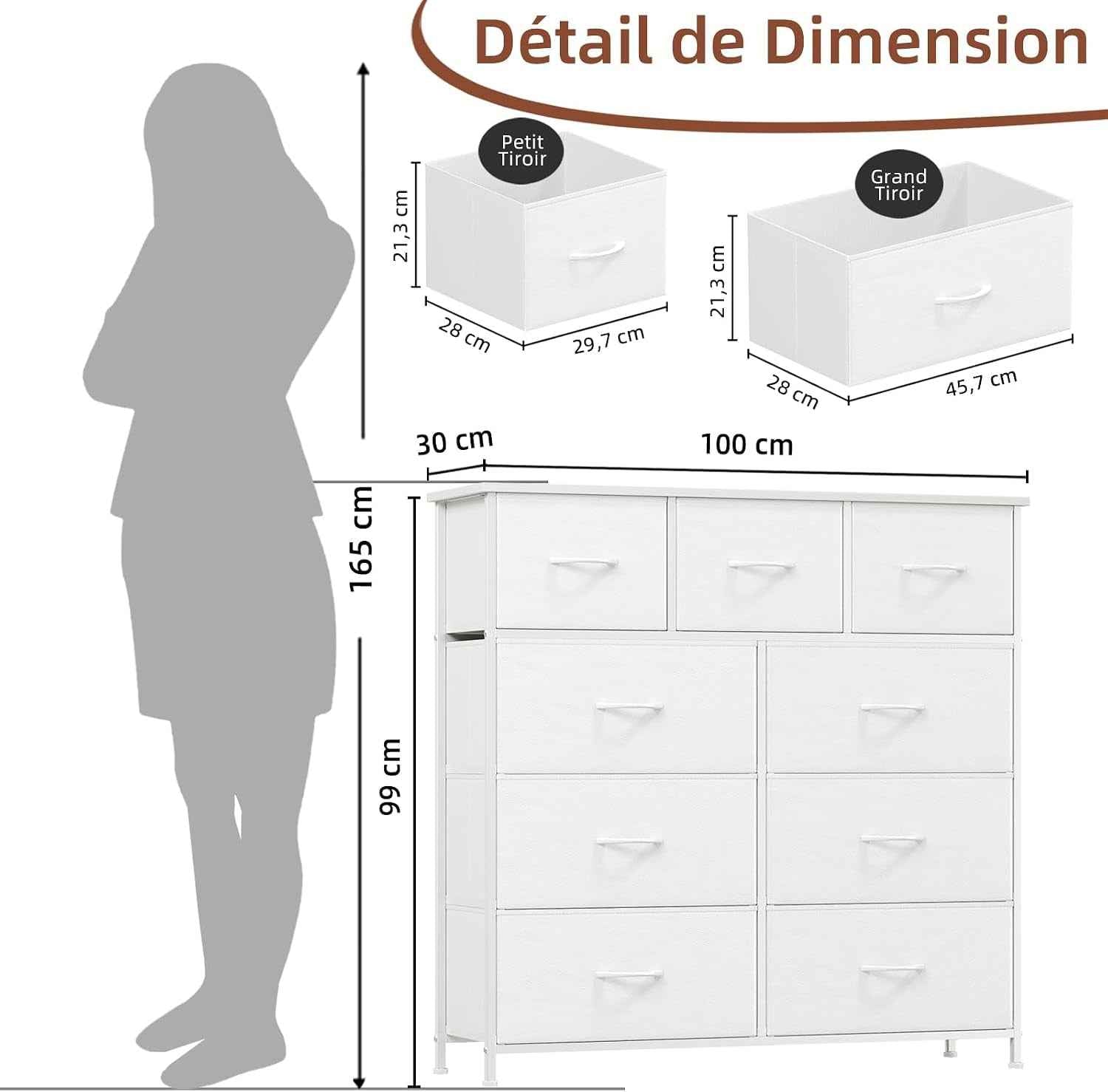 Commode De Rangement Pour Chambre À 9 Tiroirs En Tissu, Blanc | Meuble De Rangement Chambre 30P X 100L X 99H, Cadre En Acier Robuste, Dessus Étanche, Salon, Couloir, Entrée