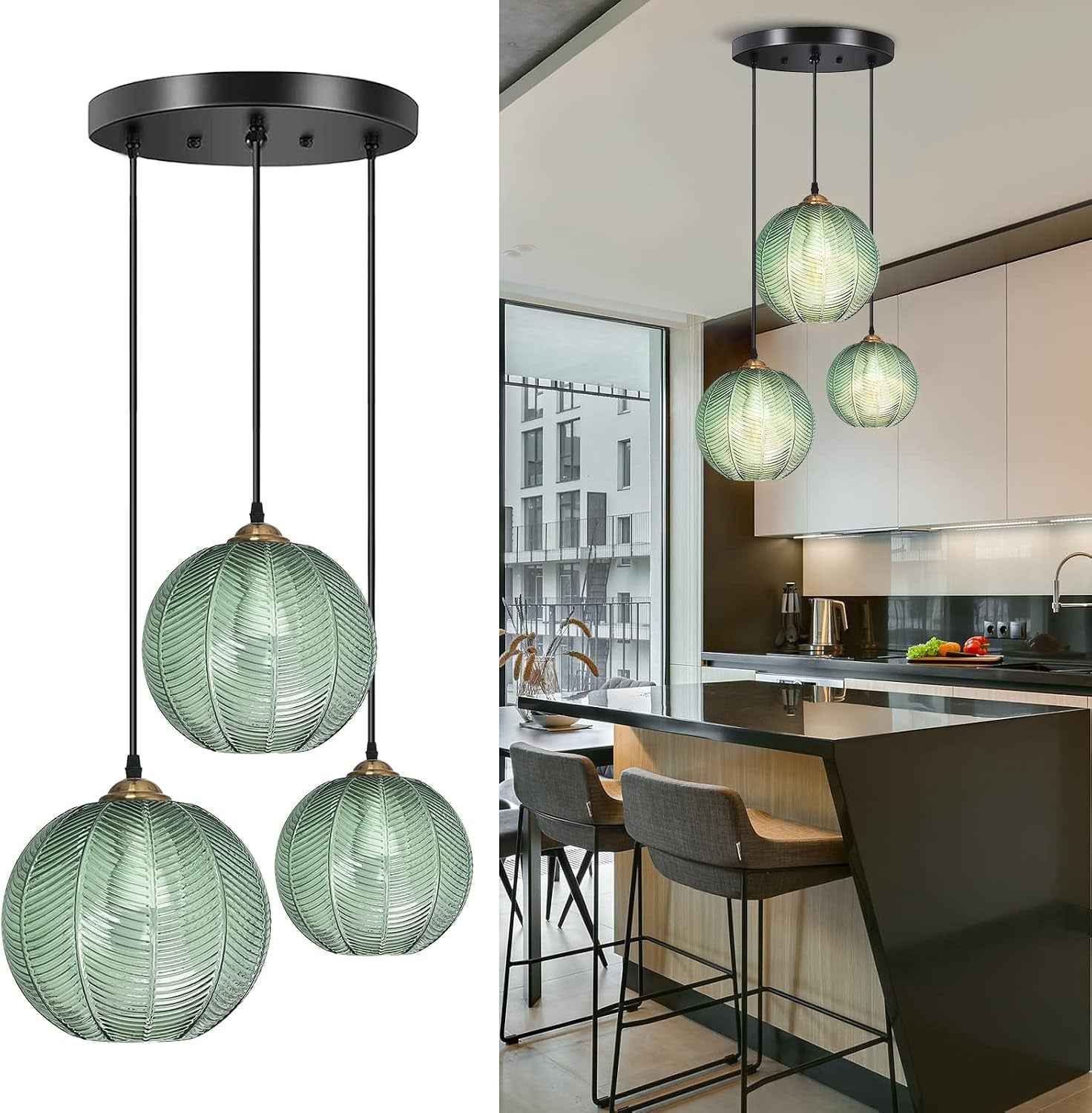 Suspension Luminaire,Suspension En Verre Vert Clair Abat-Jour Moderne Lustres Vertes Moderne E27 Lampe Suspension,Loft Lustre Vintage Cuisine Chambre À Manger Luminaire De La Salle À Manger