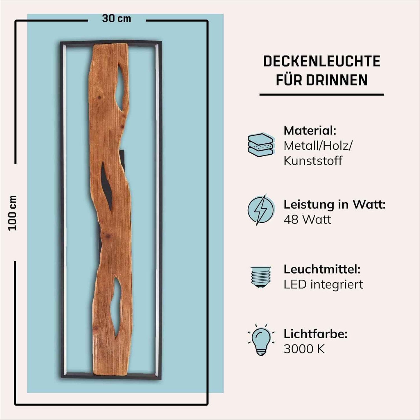 Deckenlampe Landhaus-Stil, Dimmbar, Holzoptik, Lampe | Plafonnier LED, 100X14X30 Cm, 6600 Lm 3000 K, Métal/Bois/Plastique