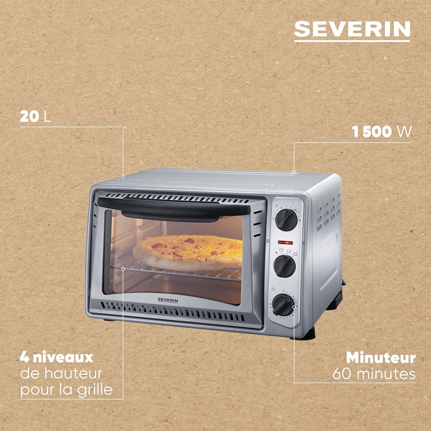 Mini-Four 20 L Avec Grille Et Plaque De Cuisson Incluses, Four Posable 1 500 W Design Simple Et Élégant, Mini-Four Électrique Avec Minuteur 60 Min, Argent, to 2045