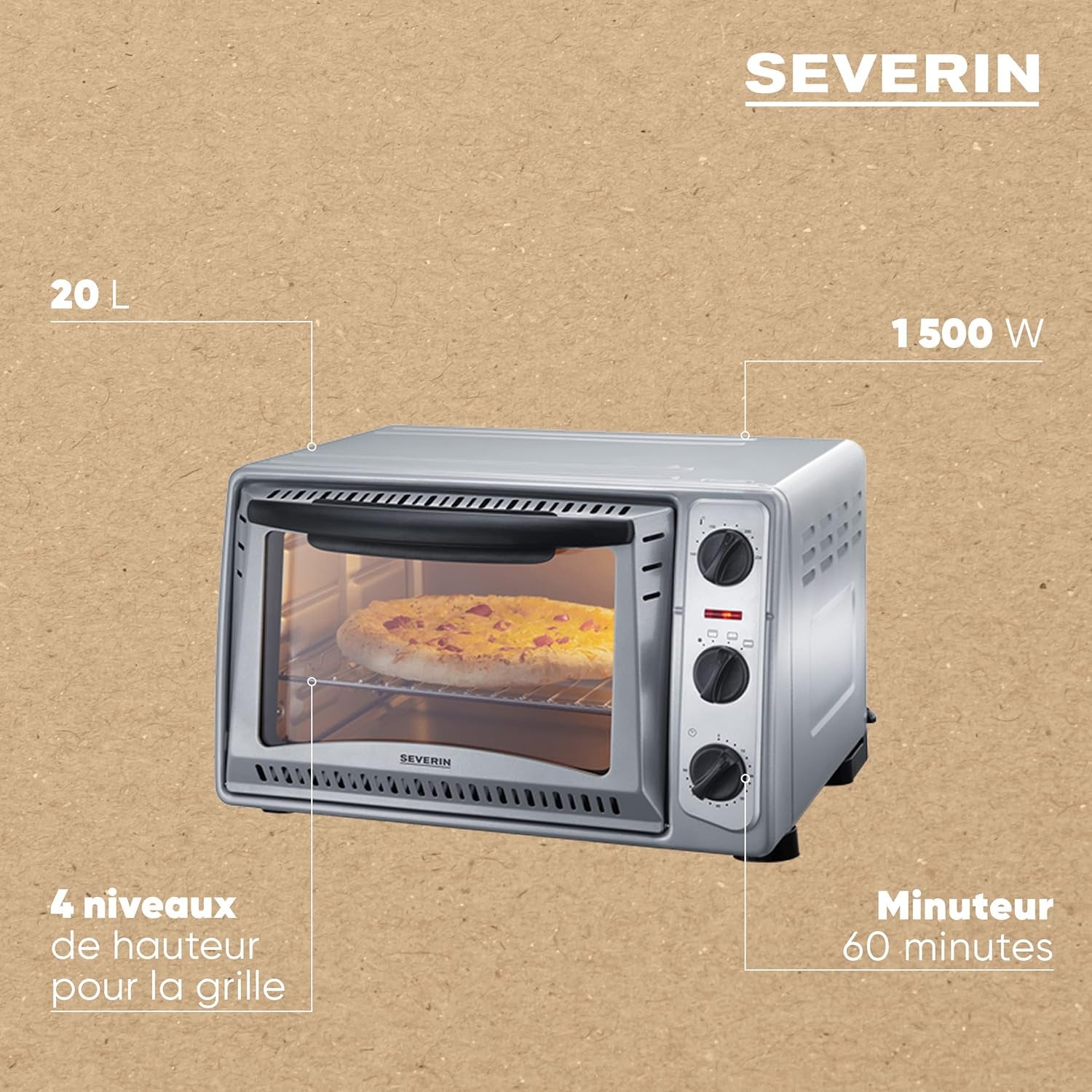 Mini-Four 20 L Avec Grille Et Plaque De Cuisson Incluses, Four Posable 1 500 W Design Simple Et Élégant, Mini-Four Électrique Avec Minuteur 60 Min, Argent, to 2045