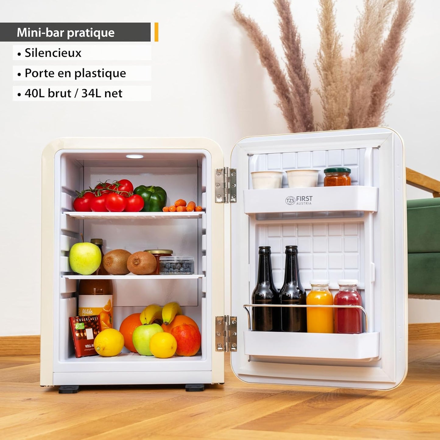 TZS First Austria Mini-Réfrigérateur Silencieux | Design Rétro | Puissance De Réfrigération Réglable | Poignée De Porte | Système De Réfrigération Thermoélectrique | 40L | Crème