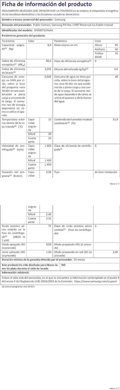 Machine À Laver  WW80T534AAX/S2 8 Kg 1400 Tr/Min Mousse Blanche Active No Addwash Wifi Smartcontrol [Classe Énergétique B]