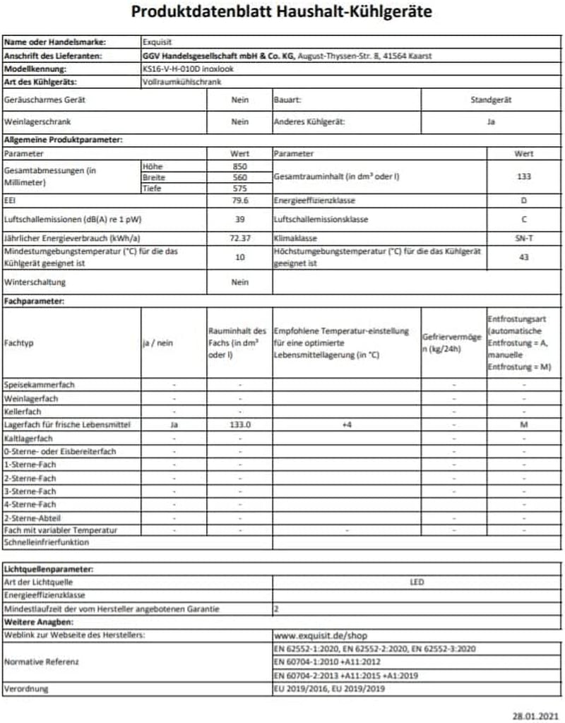 Exquisit Réfrigérateur KS16-V-H-010D - Blanc - Appareil Sur Pied - Volume : 134 L - Blanc