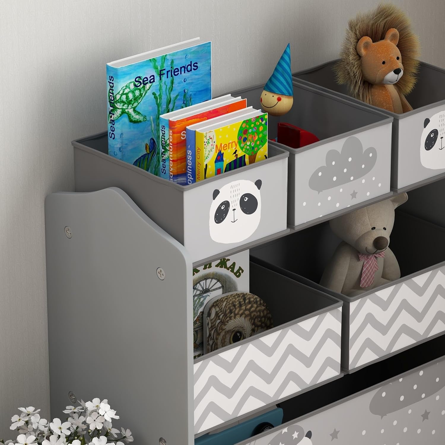 Meuble Rangement Enfant 6 Boîtes Amovibles En Tissu Non Tissé Gris | Rangement Jouet Enfant, Bibliothèque, Organisateur De Jouets Pour Salle De Jeu, Garderie, École, 63 X 30 X 66 Cm