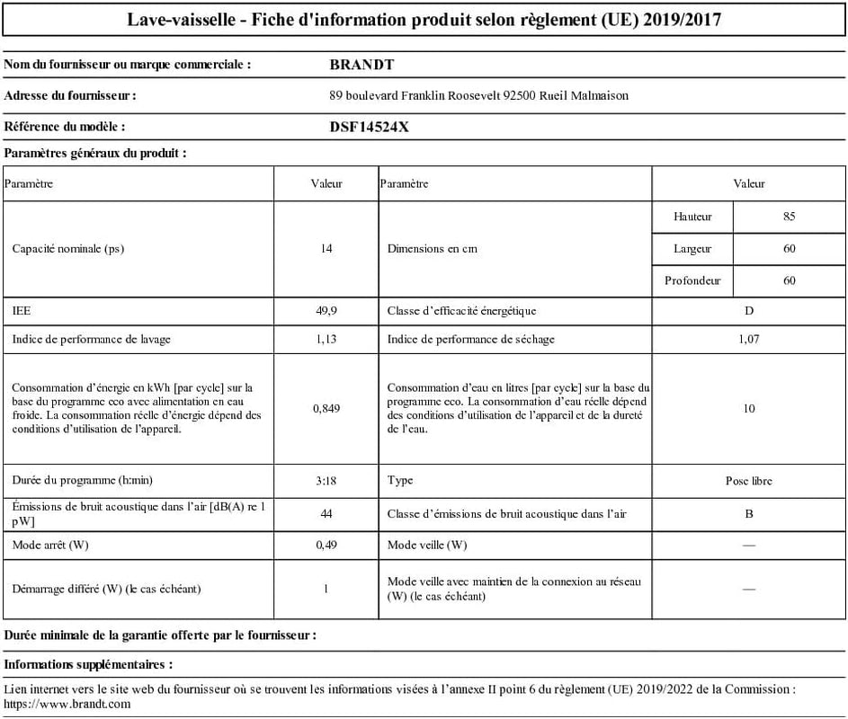 LAVE-VAISSELLE 14 COUVERTS 44Db INOX CLASSE D