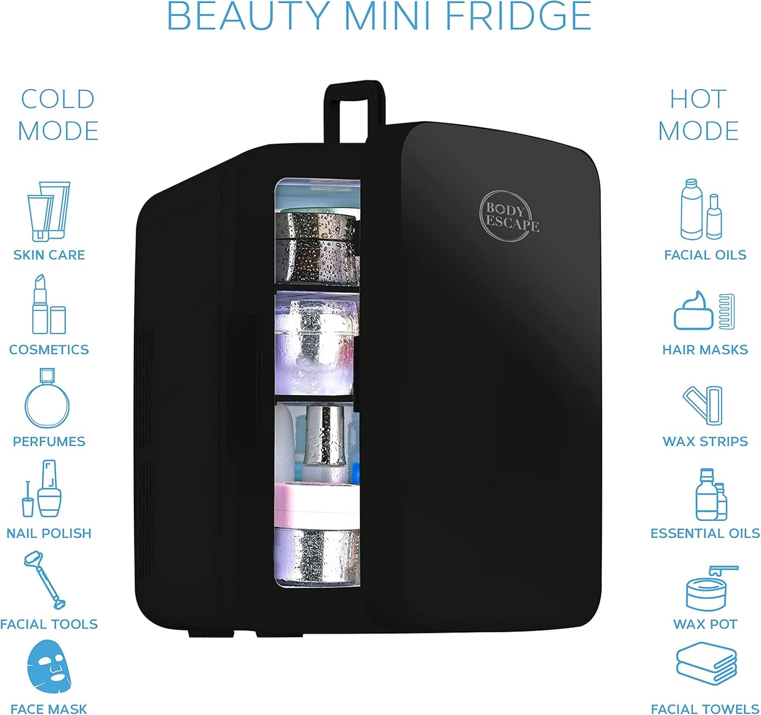 Body Escape Mini Réfrigérateur Pour Soins De La Peau Et Maquillage - Mini Réfrigérateurs Beauté À Porte En Verre - Réfrigérateur Portable, Compact, Et Silencieux Pour Le Maquillage - 10L - Noir