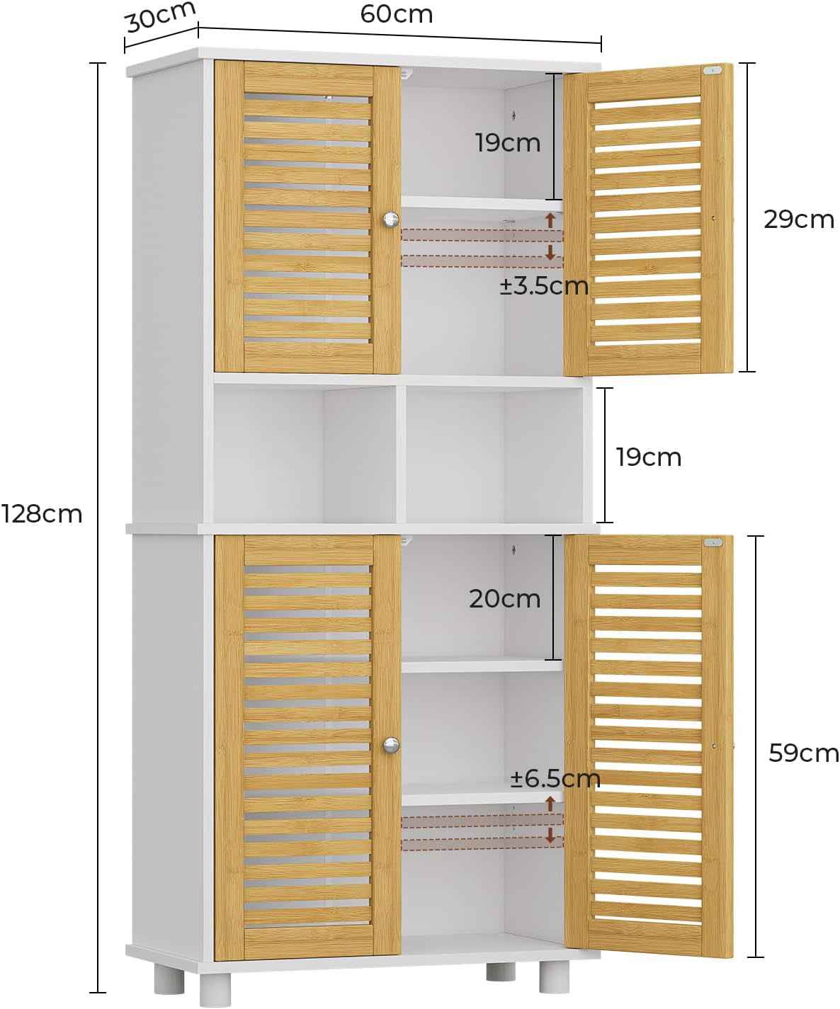 Meuble De Rangement, Meuble Colonne Pour Salle De Bain Avec 4 Portes En Bambou, 2 Étagères Réglables Et Ouvertes, Armoire De Salle De Bain Pour Salon Et Cuisine, 60 X 30 X 128 Cm, Blanc