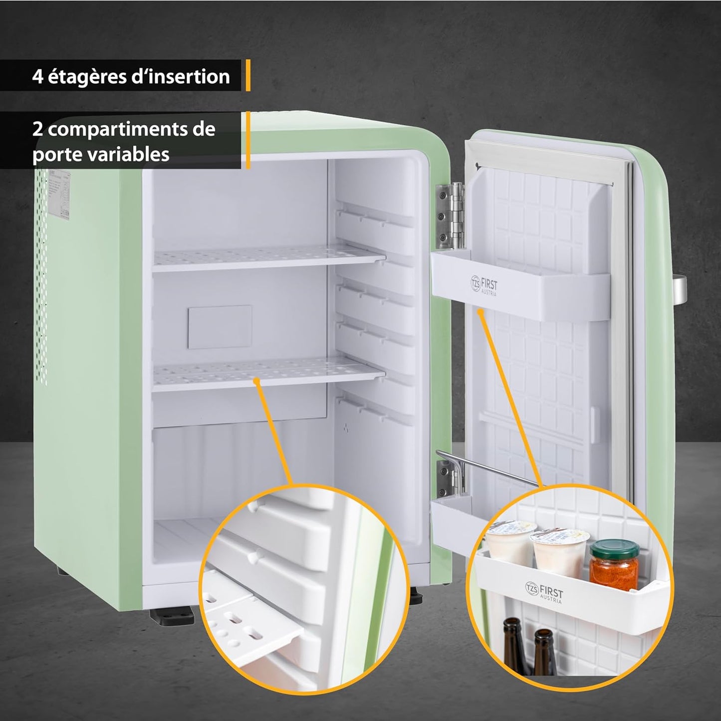 TZS First Austria Mini-Réfrigérateur Silencieux | Design Rétro | Puissance De Réfrigération Réglable | Poignée De Porte | Système De Réfrigération Thermoélectrique | 40L | Menthe