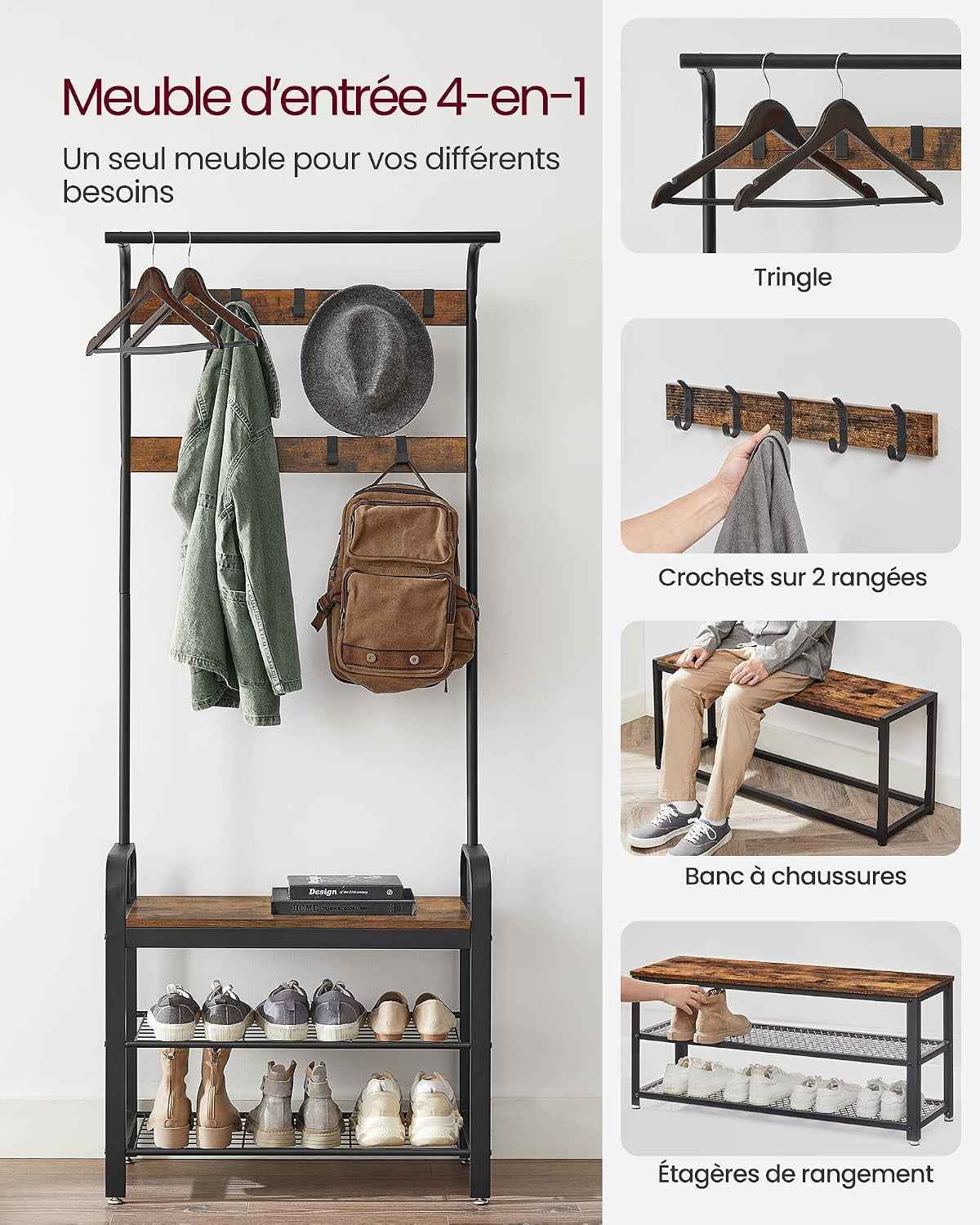 Porte-Manteau Avec Étagère À Chaussures, 4-En-1, Vestiaire | Meuble D'Entrée Avec Banc, Marron Rustique Et Noir, Amovibles, Vestiaire, Style Industriel, Dacey Collection HSR40B