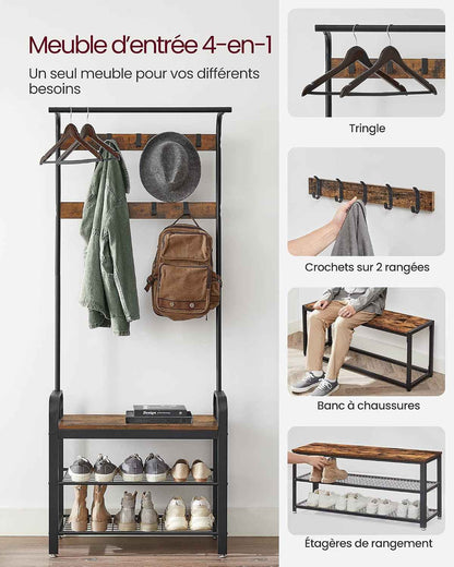 Porte-Manteau Avec Étagère À Chaussures, 4-En-1, Vestiaire | Meuble D'Entrée Avec Banc, Marron Rustique Et Noir, Amovibles, Vestiaire, Style Industriel, Dacey Collection HSR40B
