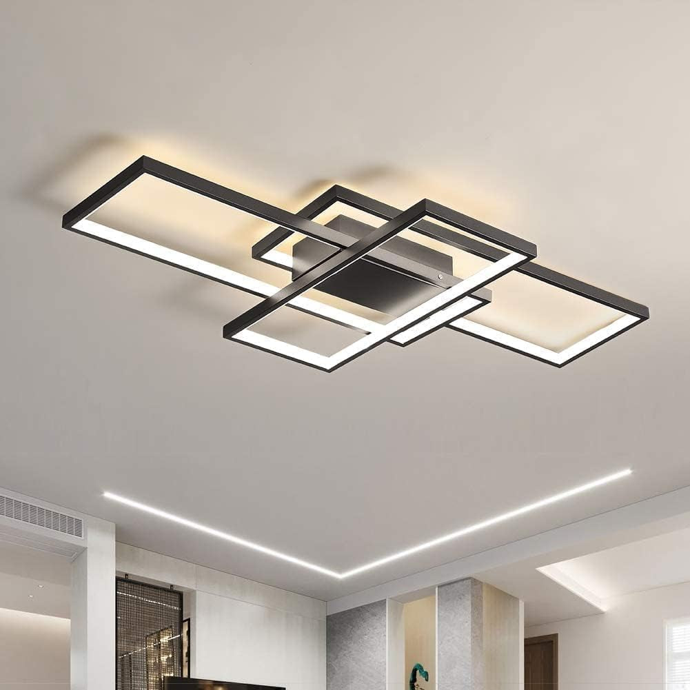 Luminaire Plafonnier Salon, Plafonnier LED Dimmable, Irrégulier Lampe Rectangulaire En Métal Acrylique, Plafonnier LED Chambre Telecommande,Noir,110 * 60CM/95W