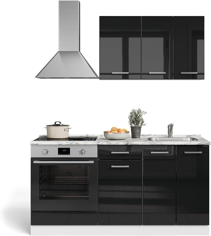 Cuisine R-Line, Noir Brillant/Blanc, 160Cm | Avec Meuble Four Encastrable Avec Plan De Travail, Préparé Pour L’Intégration D’Appareils Électroménagers Et D’Un Évier