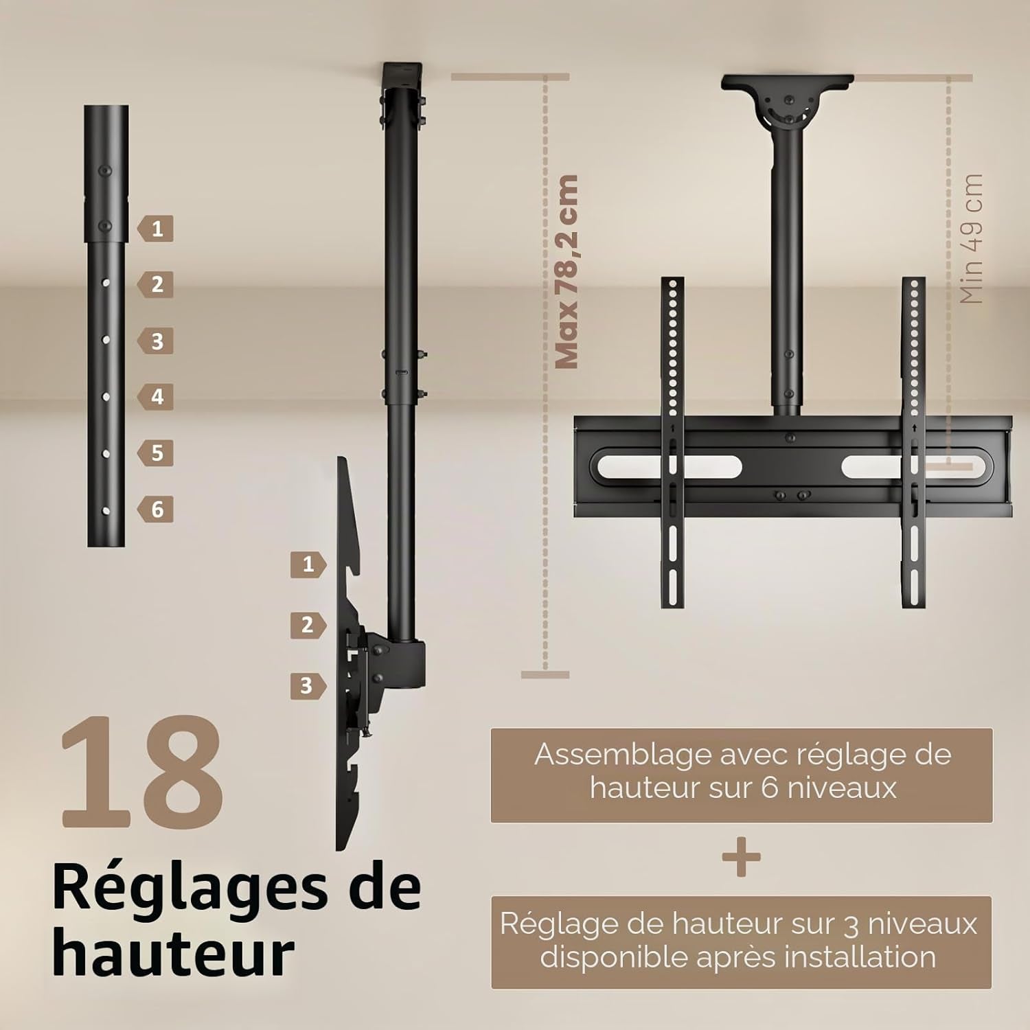 Support TV Plafond Pour Téléviseurs LCD LED Plats/Incurvé De 26 À 65 Pouces, VESA Jusqu'À 400×400Mm Charge 45 Kg, Inclinaison À 20° Et Rotation À 360°, Support Mural TV
