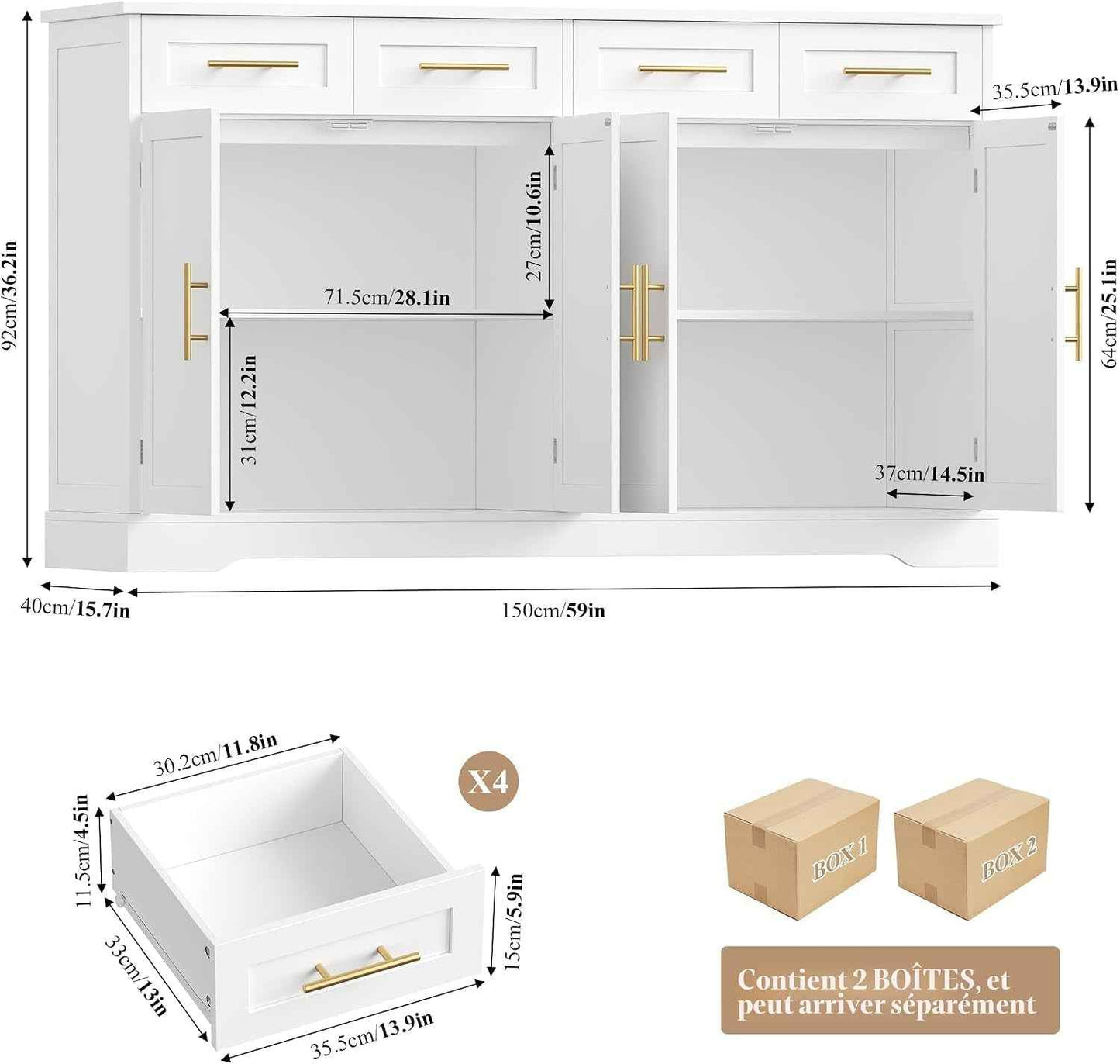 Buffet Cuisine, 150 Cm Meuble Cuisine Avec 4 Tiroirs 4 Portes, Blanc | Buffet Salle a Manger Avec Poignées Dorées, Meuble De Rangement Pour Salon, Cuisine, Couloir, 150×40×92 Cm
