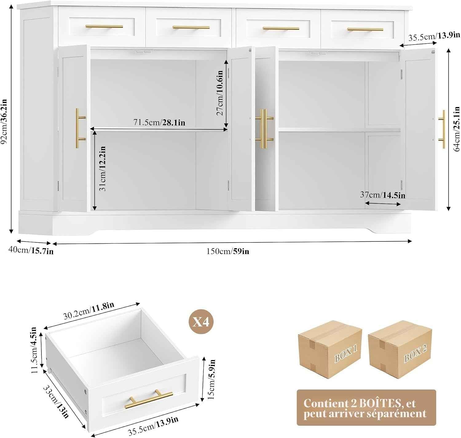 Buffet Cuisine, 150 Cm Meuble Cuisine Avec 4 Tiroirs 4 Portes, Blanc | Buffet Salle a Manger Avec Poignées Dorées, Meuble De Rangement Pour Salon, Cuisine, Couloir, 150×40×92 Cm