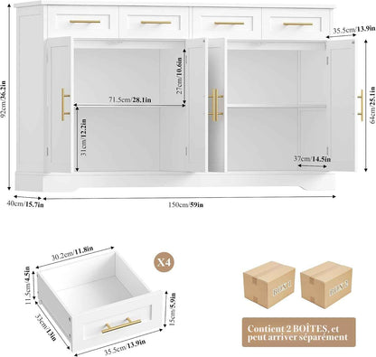Buffet Cuisine, 150 Cm Meuble Cuisine Avec 4 Tiroirs 4 Portes, Blanc | Buffet Salle a Manger Avec Poignées Dorées, Meuble De Rangement Pour Salon, Cuisine, Couloir, 150×40×92 Cm