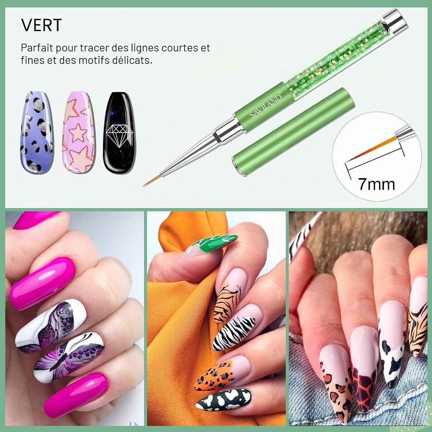 Pinceau Nail Art Ongle, 6Pcs Pinceaux Ongle Kit Fins En Capuchon, Absorption Uniforme Pinceaux Liner Nail Art, Utiliser Facilement Stylos Detailes Pour Gel Peinture（ Taile 7/9/11/13/23 Mm)