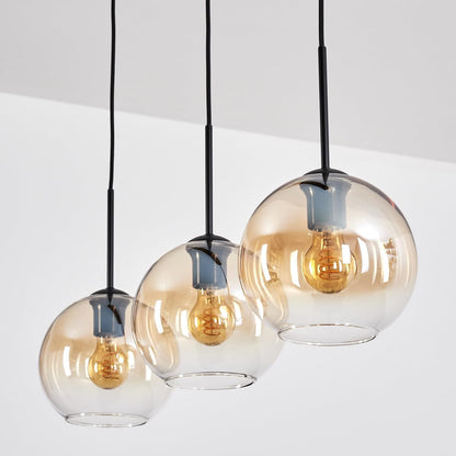 Koyoto Suspension À 3 Ampoules En Métal/Verre Noir/Ambre/Transparent, Suspension Moderne Au Design Rétro/Vintage (Abat-Jour Ø 20 Cm), E27, Salle À Manger, Salon, Cuisine
